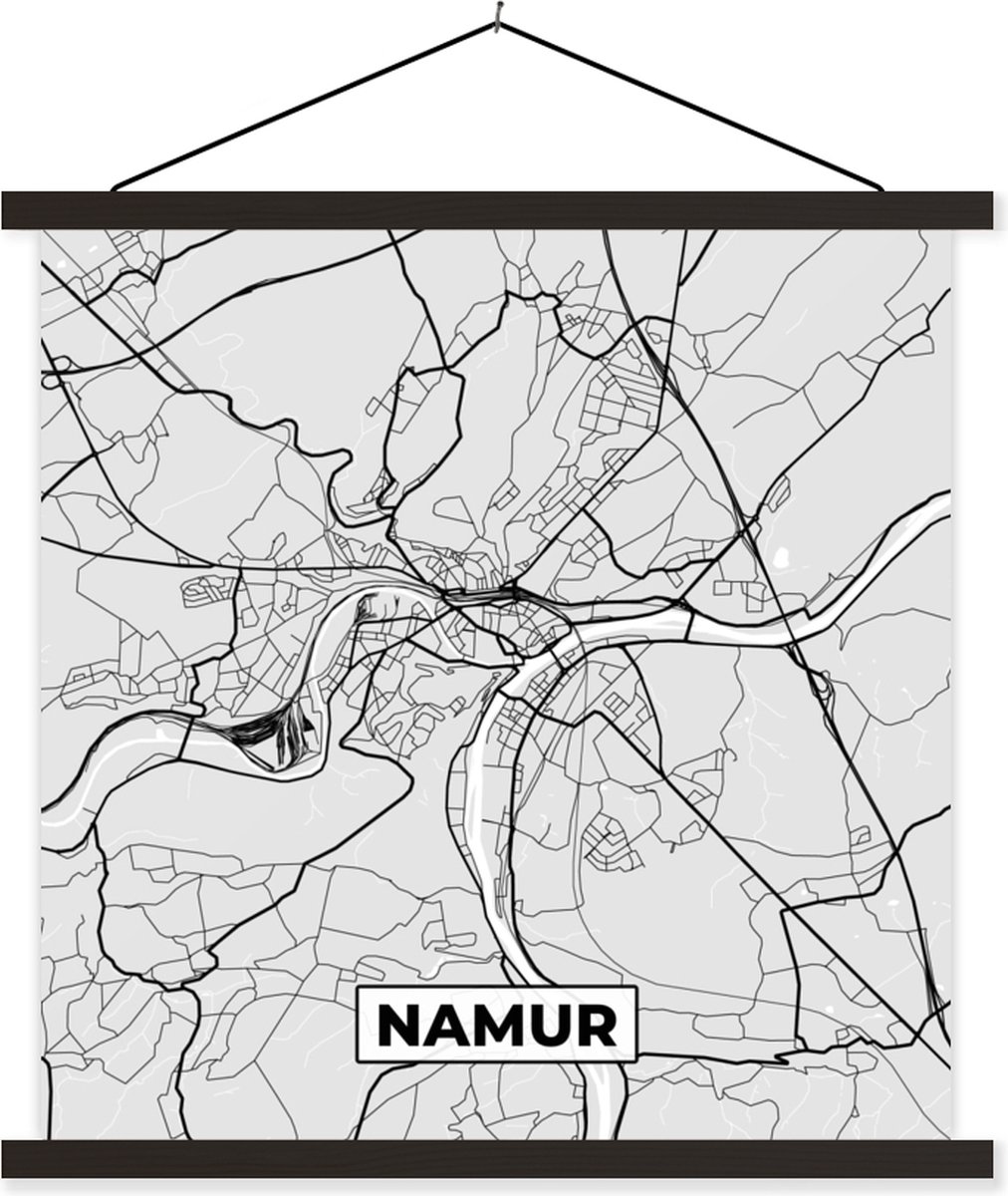 Posterhanger incl. Poster 90x90 cm - Schoolplaat - Stadskaart – Plattegrond – België – Zwart Wit – Namen – Kaart - Textielposter - Zwarte latten - Stadskaart