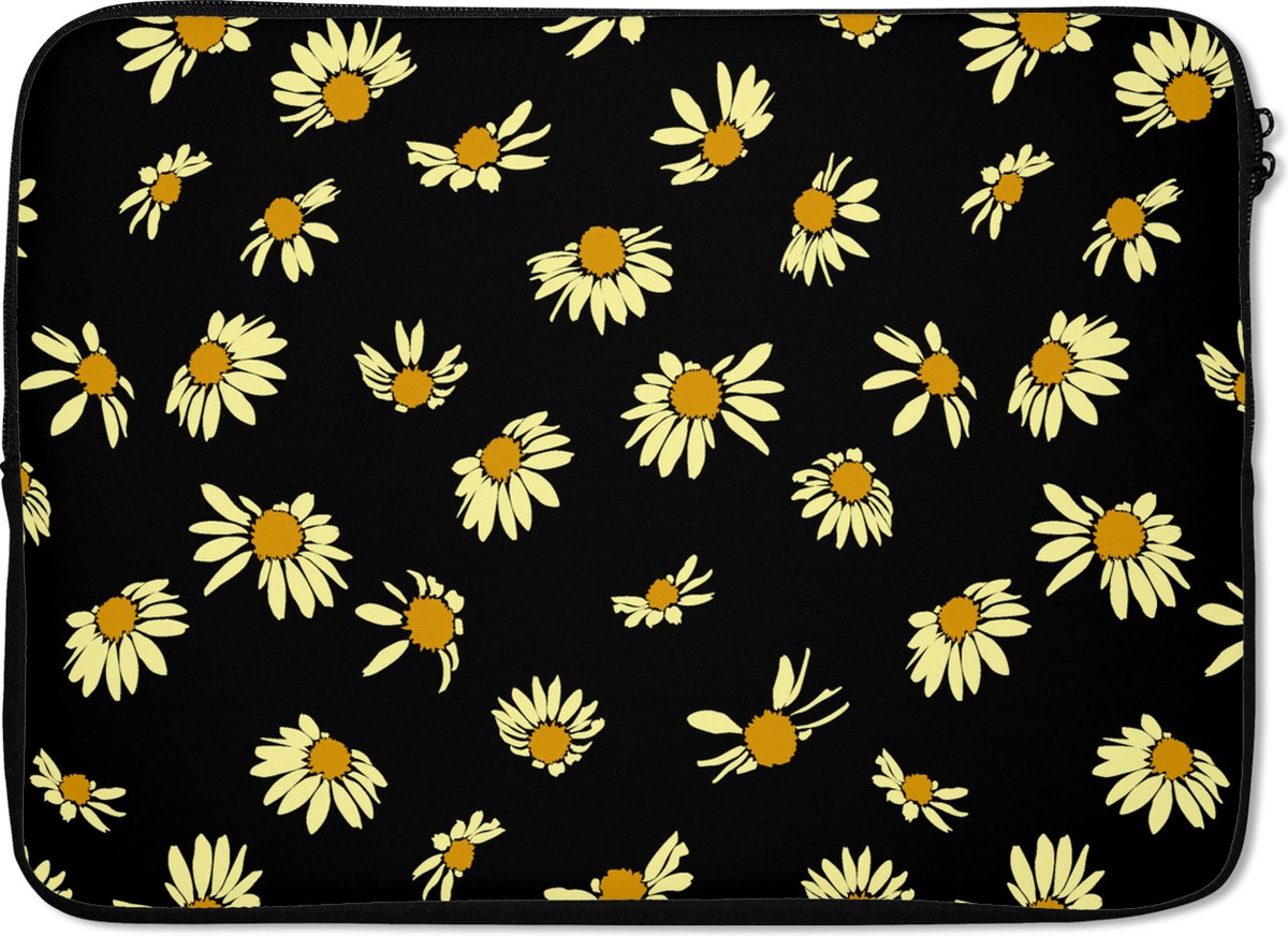 Laptophoes 13 inch - Madelief - Zwart - Patroon - Laptop sleeve - Binnenmaat 32x22,5 cm - Zwarte achterkant