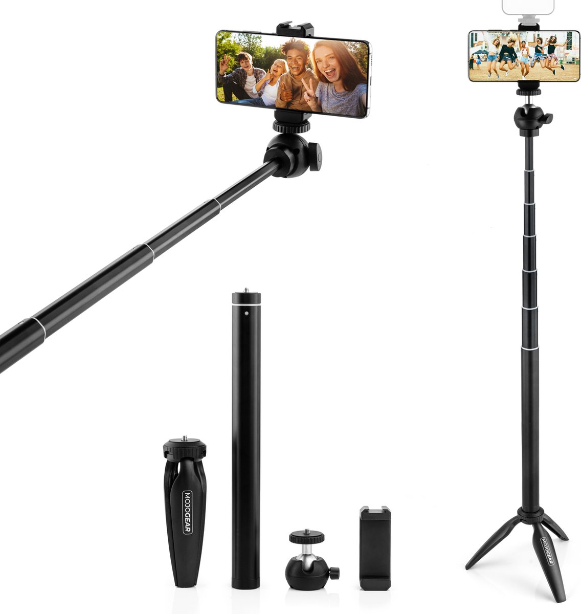 MOJOGEAR Vlog KIT: mini-statief, telefoonhouder & extra lange selfie stick - 29 tot 162 cm - Streaming/tutorial/vlog KIT - Zwart