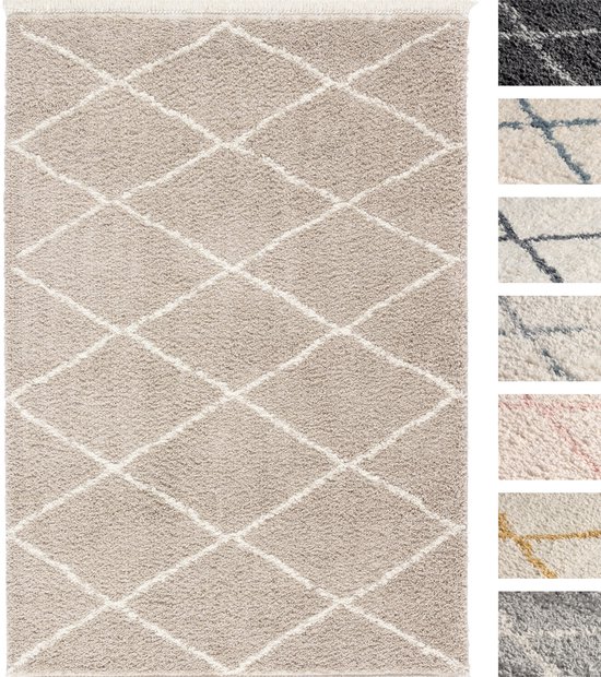 Tapis Salon Shaggy 80cm x 150cm Beige, Tapis de Chambre à Poils longs, Dessin Diamant, Tapis de Sol Super doux, Style berbère