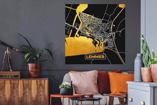 Stickers muraux - Lemmer - Black and Gold et Or - Plan de ville - Carte - Plan d'étage - 100x100 cm - Feuille adhésive XXL