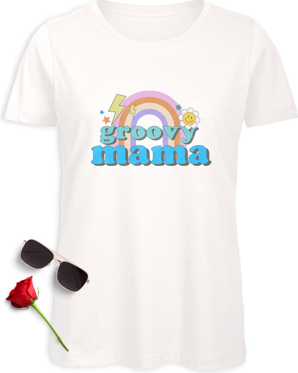 Groovy Mama T-shirt - Mama tshirt - T shirt voor mama - Dames shirt met print - Vrouwen t Shirt met vrolijke opdruk - Moederdag cadeau t Shirt - Verkrijgbaar in maten: S M L XL XXL - T shirt kleuren: Wit, Zwart en Groen.