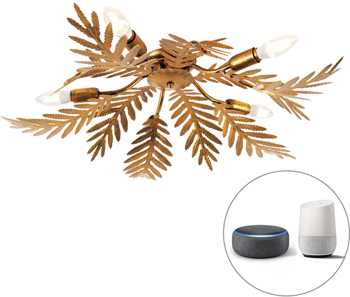 Qazqa smart led vintage plafondlamp, plafonniere - Botanica - goud/messing, 2700K, warmwit, dimbaar, 5-lichts, 70cm, ideaal als keuken, slaapkamer en