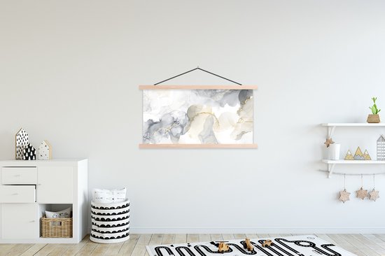 Posterhanger incl. Poster 120x60 cm - Schoolplaat - Marmer - Geel - Wit - Textielposter - Blanke latten