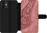 Bookcase Geschikt voor iPhone 12 telefoonhoesje - Marmer print - Roze - Goud - Met vakjes - Wallet case met magneetsluiting