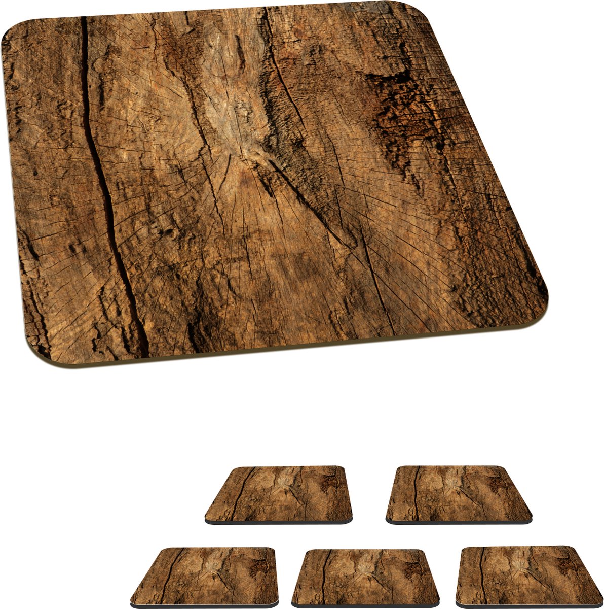 Onderzetters voor glazen - Boomstam - Hout - Structuur - 10x10 cm - Glasonderzetters - 6 stuks