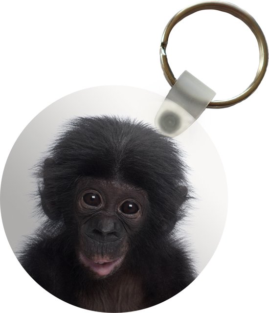Sleutelhanger - Baby Chimpansee - Aap - Jong - Portret - Kinderen - Kind - Jongens - Meisjes - Plastic - Rond - Uitdeelcadeautjes - Sinterklaas cadeautjes - Uitdeelcadeautjes voor kinderen - Schoencadeautjes - Kleine cadeautjes