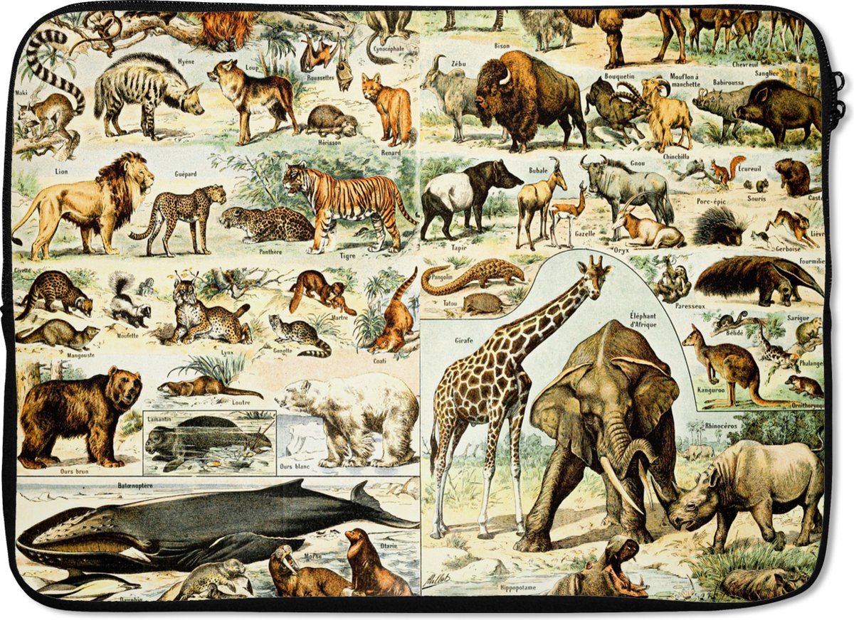 Laptophoes 13 inch - Dieren - Giraffe - Leeuw - Laptop sleeve - Binnenmaat 32x22,5 cm - Zwarte achterkant