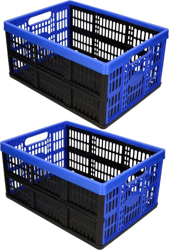 2x stuks opvouwbare kratten/inklapbare boodschappen kisten zwart/blauw 48 x 35 x 24 cm – klapkratten – 32 liter inhoud