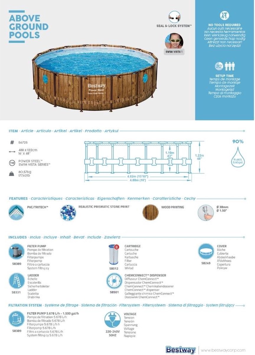 Bestway - Power Steel Swim Vista - Opzetzwembad inclusief filterpomp en accessoires - 488x122 cm - Houtprint - Rond — afbeelding 20