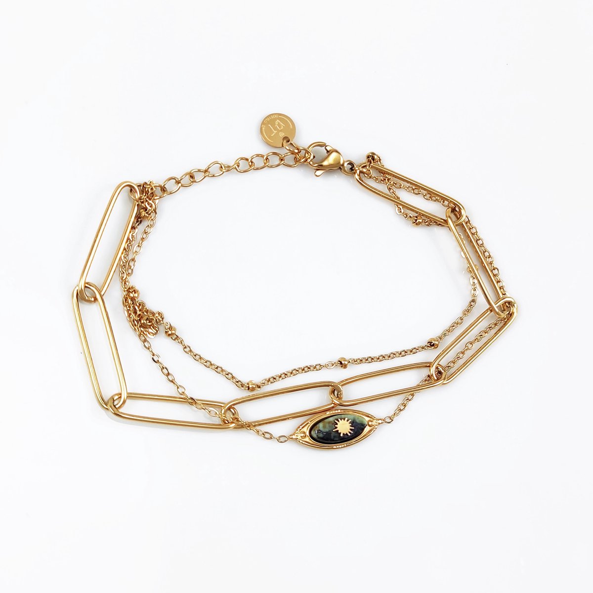 Dottilove Dames Armband 3 Lagen - Groen Natuursteen - Geelgoudkleurig Vergulde - Schakelsarmband
