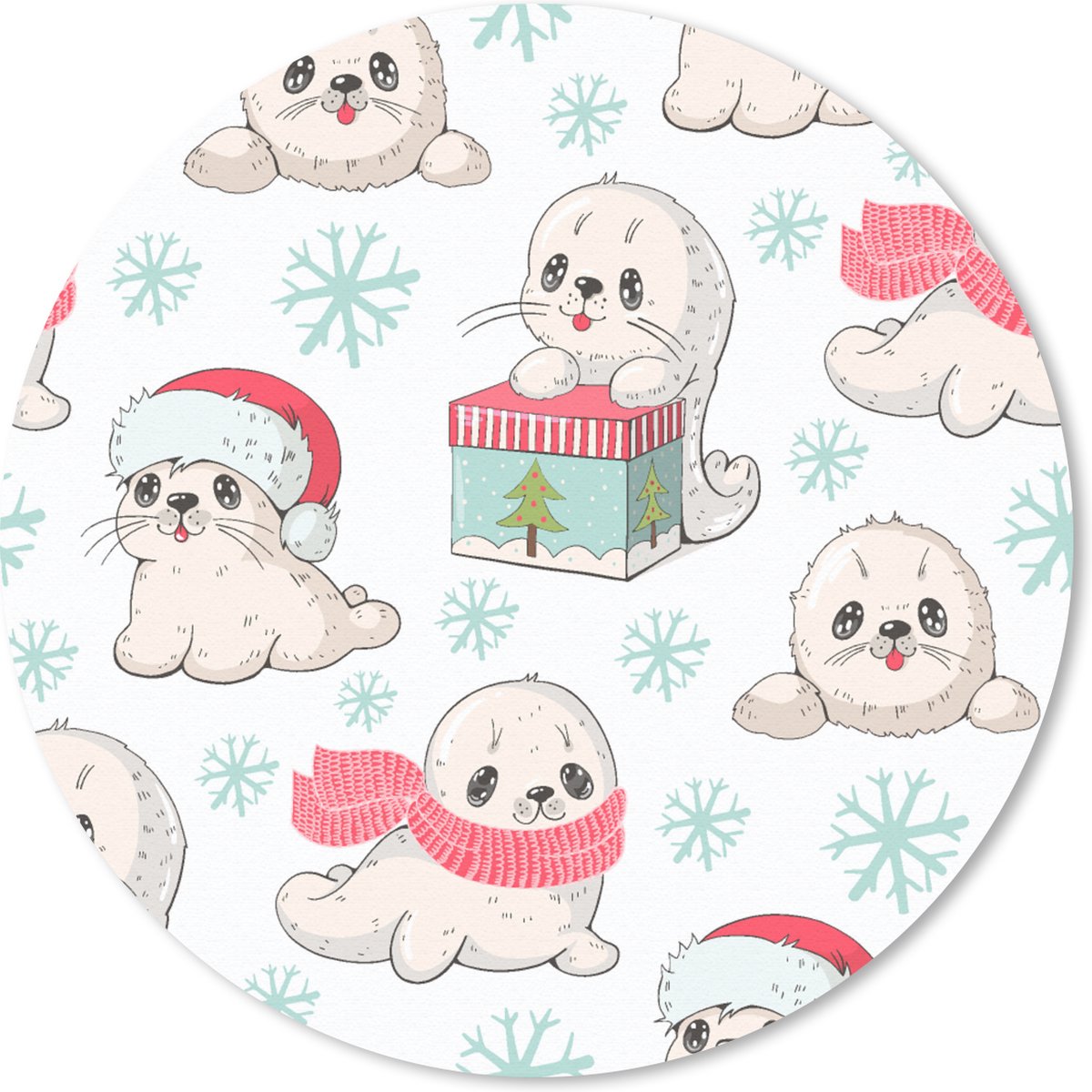 Muismat rond 40x40 cm - Mousepad Zeehonden - Kinderen - Kerst - Winter - Patroon - Ronde muismatten