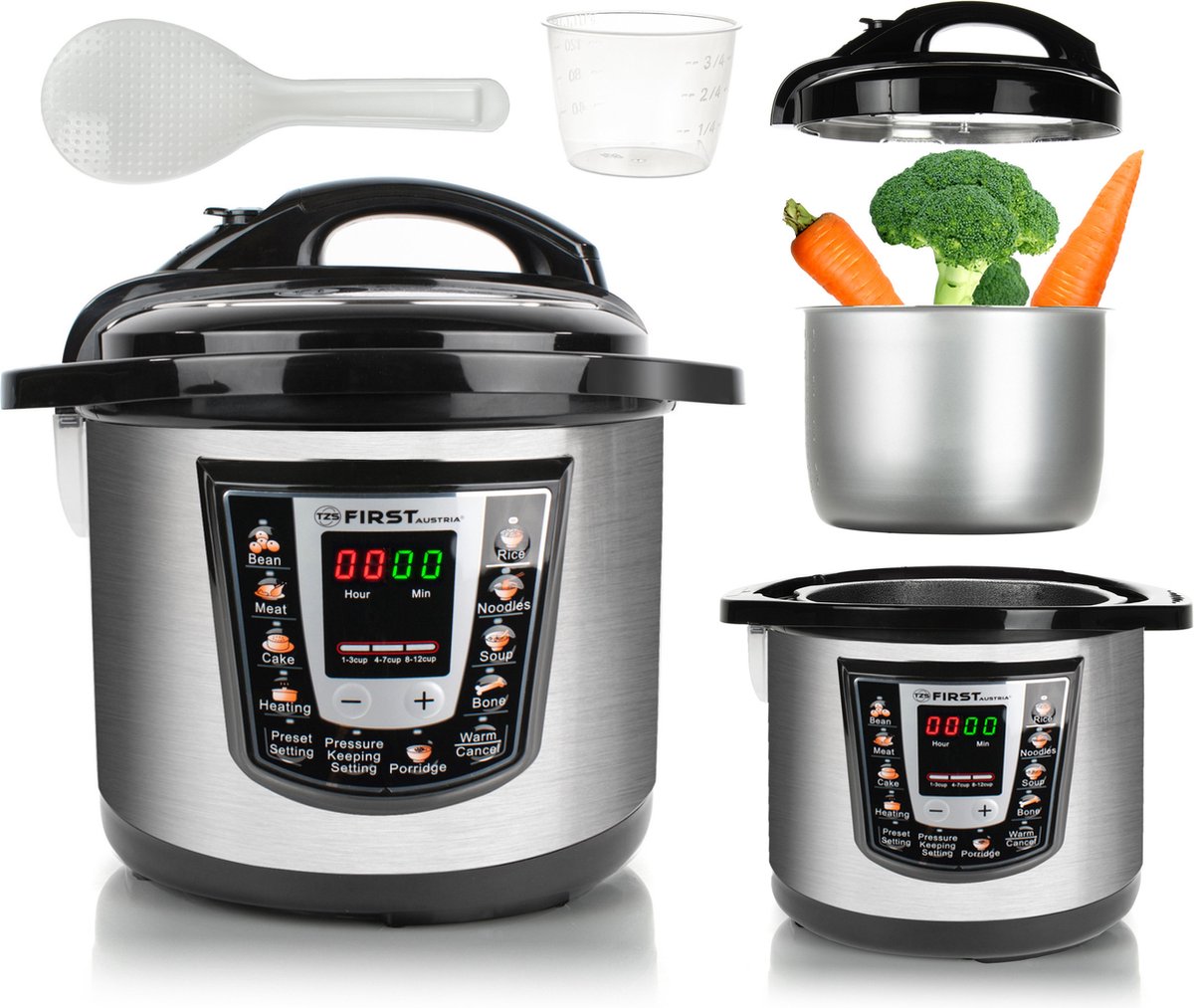 Afbeelding 3 van TZS First Austria Multicooker - 6L - 1000W - Snelkookpan - Rijstkoker - 9 Kookfuncties - RVS - Timer - Zilver