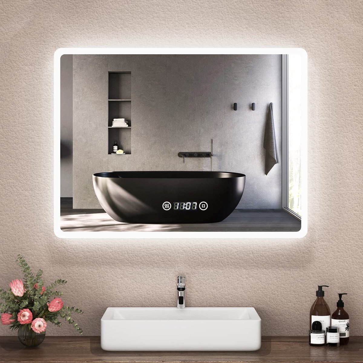 LED-badkamerspiegel- LED-badkamerspiegel met klok-80 x 60 cm -badkamerspiegel met verlichting -Badkamer wandspiegel -6500 K-koud wit -lichtspiegel met aanraakschakelaar- anti condens-Digitale klok