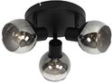Zwarte plafondlamp met 3 spots, elk met een glimmende, grijze kogelvormige kap.
