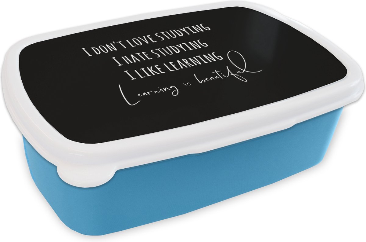 Broodtrommel Blauw - Lunchbox - Brooddoos - Quote - Studeren - Liefde - 18x12x6 cm - Kinderen - Jongen