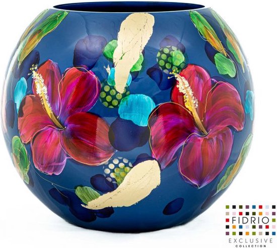 Design Vaas Bolvase - Fidrio HANDPAINTED HIBISCUS - glas, mondgeblazen bloemenvaas - hoogte 40 cm