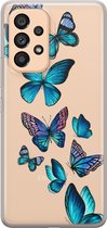 Leuke Telefoonhoesjes - Hoesje geschikt voor Samsung Galaxy A53 - Vlinders blauw - Soft case - TPU - Print / Illustratie - Transparant, Blauw