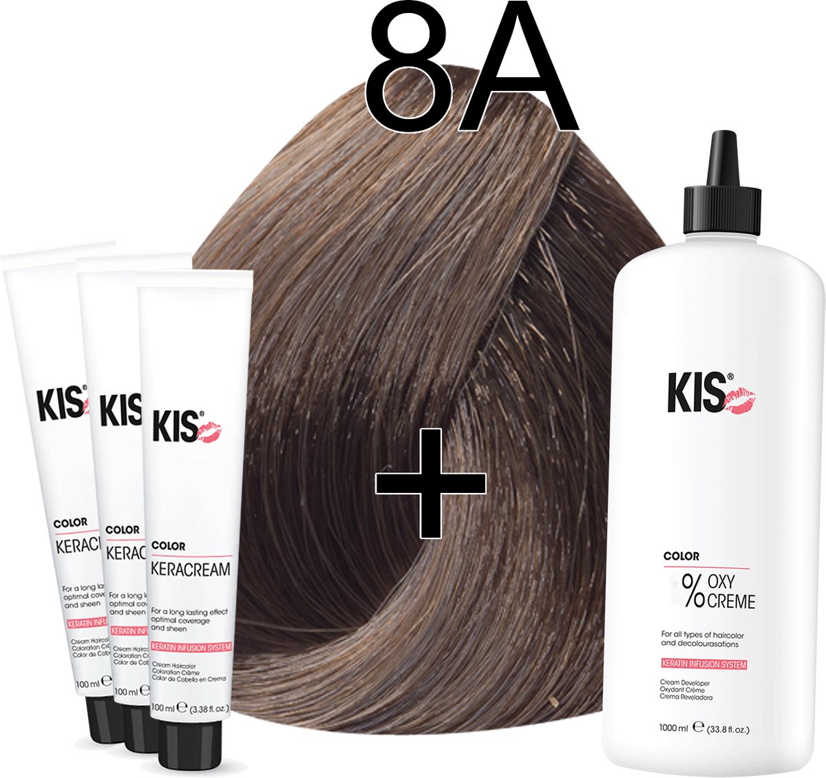 Kis KeraCream Color - 100ml - Haarverf Set - 8A Licht asblond | KIS - (3 x haarverf & 1L waterstofperoxide)