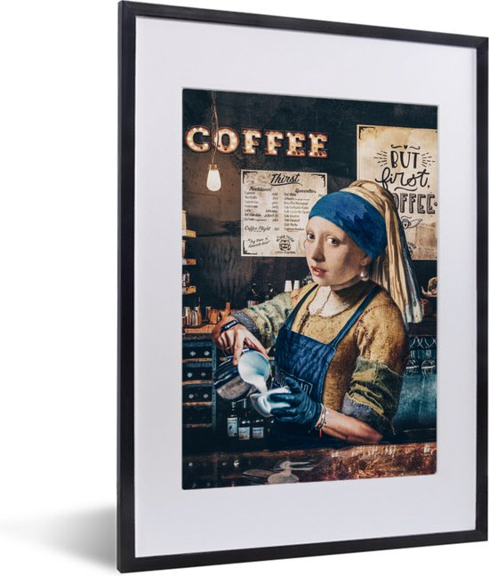 Fotolijst incl. Poster - Meisje met de parel - Schilderij bewerkt - Barista - Vermeer - Koffie - Cappuccino - 30x40 cm - Posterlijst