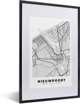 Fotolijst incl. Poster Zwart Wit- België – Nieuwpoort – Stadskaart – Kaart – Zwart Wit – Plattegrond - 40x60 cm - Posterlijst