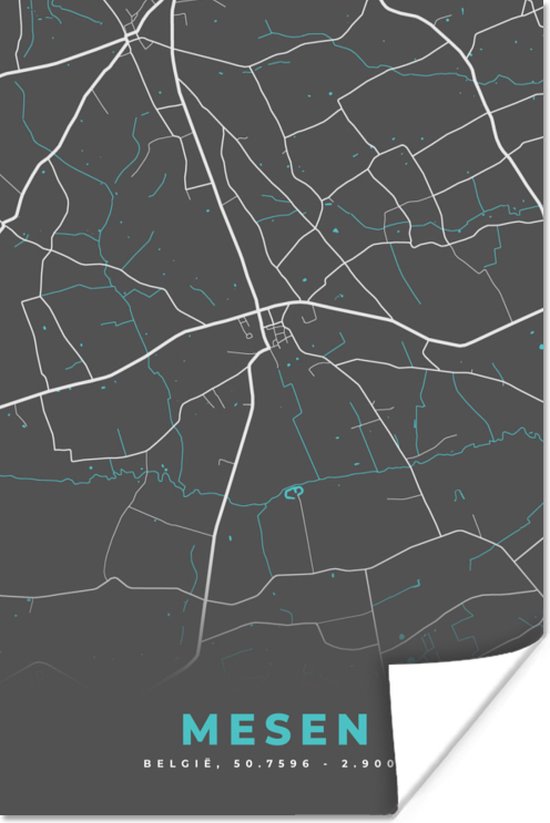 Affiche België – Mesen – Plan de la ville – Carte – Blauw – Carte - 20x30 cm