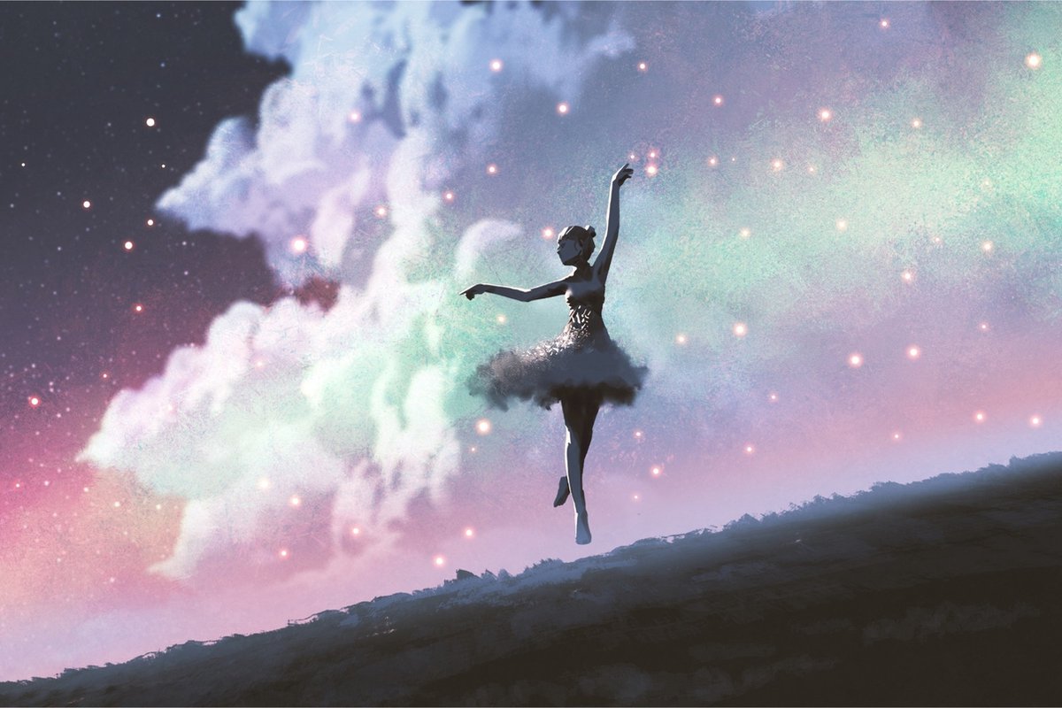 Fotobehang Ballerina Dansen Op De Achtergrond Van De Nachtelijke Hemel - Vliesbehang - 460 x 300 cm