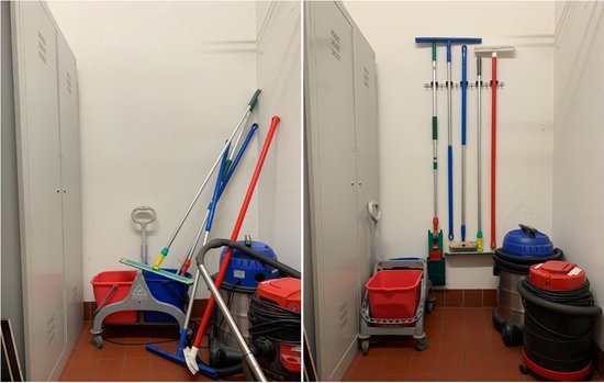 Voor en na foto van schoonmaakgereedschap op de grond en netjes opgehangen aan een bezemhouder naast kasten.