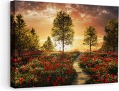 Artaza Canvas Schilderij Mooi Landschap met Rode Bloemen en Zonsondergang - 60x40 - Foto Op Canvas - Canvas Print