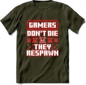 Gamers don't die pixel T-shirt | Neon Rood | Gaming kleding | Grappig game verjaardag cadeau shirt Heren – Dames – Unisex | - Leger Groen - L