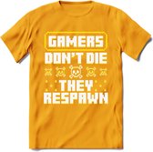 Gamers don't die pixel T-shirt | Geel | Gaming kleding | Grappig game verjaardag cadeau shirt Heren – Dames – Unisex | - Geel - L