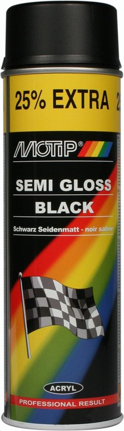 Motip spuitbus, 25% extra, satijn glans zwart, acryl, met geblokte vlag.