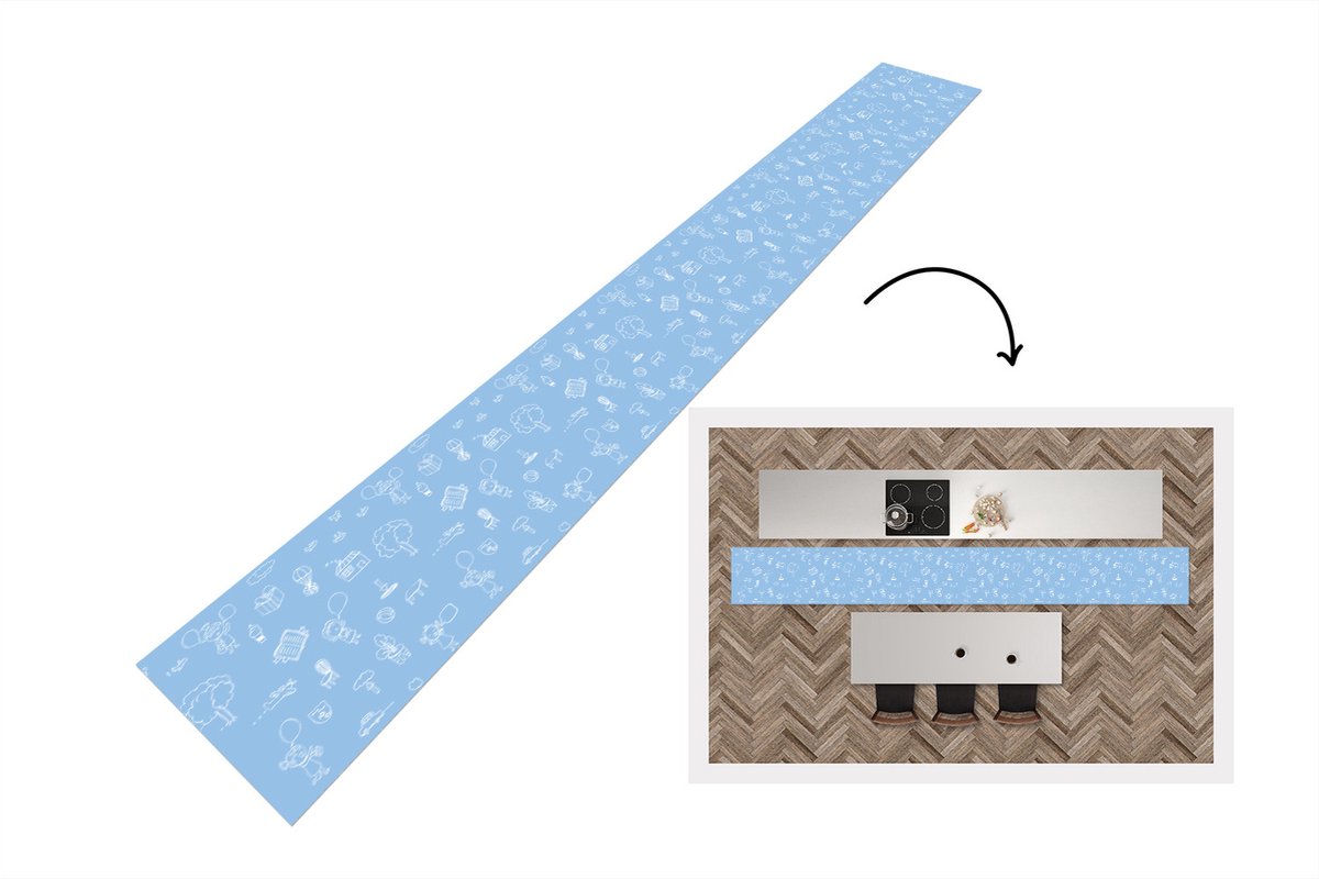Keukenloper - Keukenmat - Patronen - Geboorte - Blauw - 480x60 cm - Keuken vloerkleed