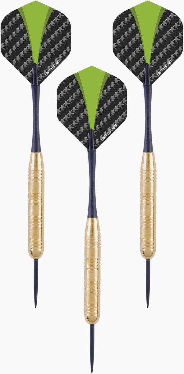 Steeltip Dartpijl Set 21 Gram – 3 Stuks – Goud/Zwart/Groen – Brass Barrel, Nylon Shaft – Inclusief Kunststof Opbergetui – Semi Professioneel – Longfield