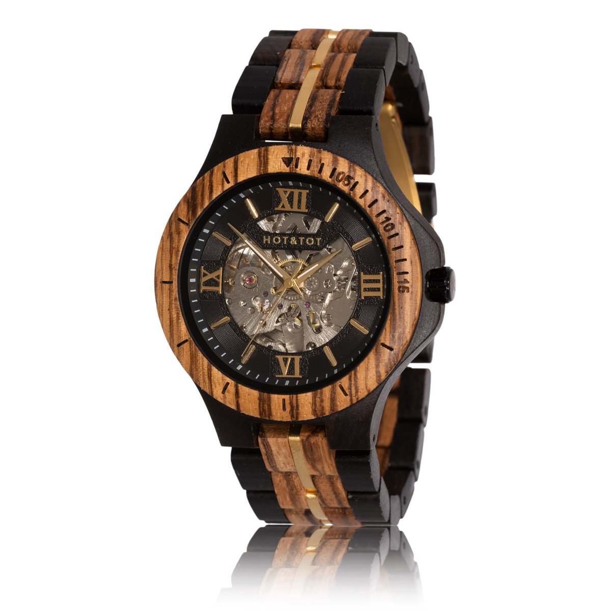 HOTTOT | Gold Motus - Houten horloge heren - 44 mm - Automaat - Skeleton - Ebbenhout - Zebrano hout - Goud
