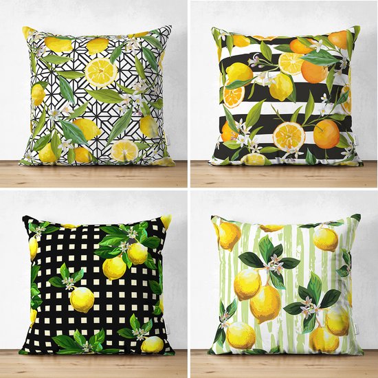 Ensemble de Coussins décoratifs 4 pièces - Y COMPRIS LES COUSSINS INTÉRIEURS 45x45 cm - jaune - vert - motif citron - imprimé double face - taie d'oreiller - oreillers salon - housse de coussin
