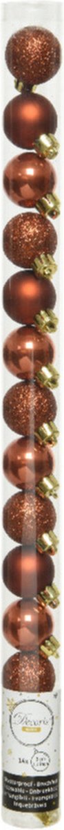 Decoris Mini kerstballen - 14x st - terra bruin - D3 cm - kunststof - kerstversiering