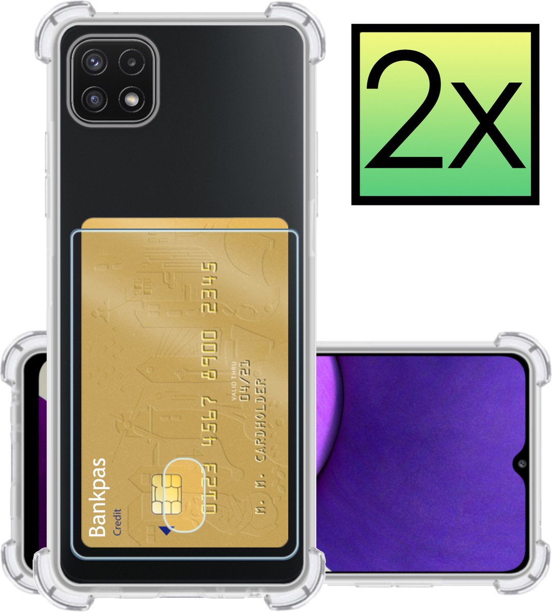 Hoesje - 2 Stuks - Geschikt voor Samsung Galaxy A22 5G - Met Pashouder en Kaarthouder - Telefoon Hoes Shockproof - Siliconen Case - Back Cover - Shock Proof - Pasjes Houder - Transparant