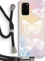 Case Company® - Samsung Galaxy S20 Plus hoesje met Koord - White butterfly - Telefoonhoesje met Zwart Koord - Bescherming aan alle Kanten en Over de Schermrand