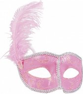 oogmasker Venice met veer dames roze one-size