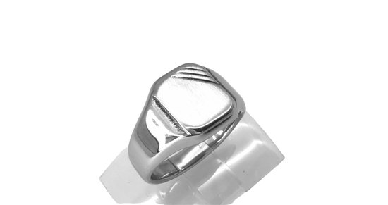 Stoer - RVS zegel ring - maat 18 – rechts hoek zegel met drie schuinstreep - design motief. Deze ring is erg leuk als eerste zegelring voor jongens.