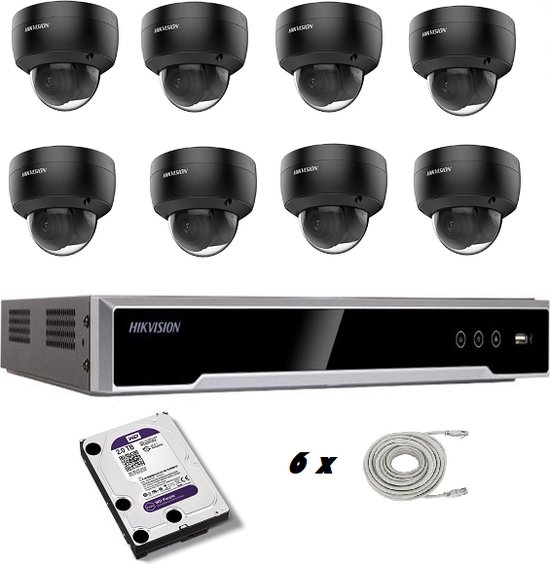 Set met 8 zwarte Hikvision DS-2CD2146G2-I 2.8mm 4mp camera’s, Hikvision recorder en Western Digital harde schijf
