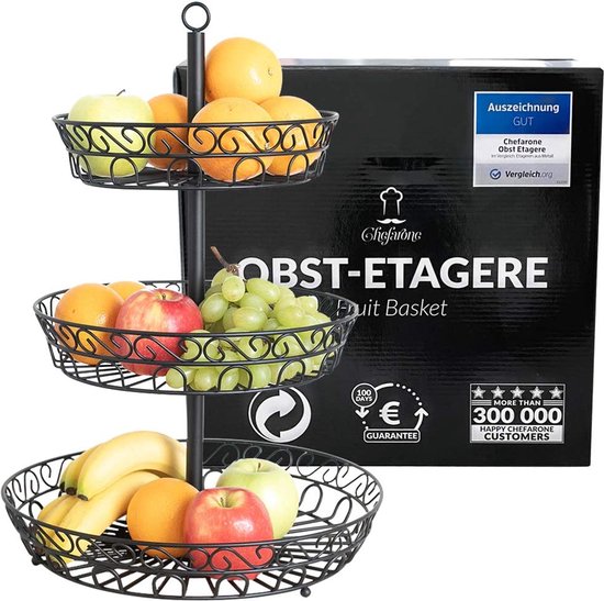 Chefarone Corbeille à Fruits XL 33 cm - Étagère Noire Décorative à Deux Niveaux, Panier de Table pour Cuisine Moderne