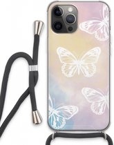 Case Company® - iPhone 13 Pro Max hoesje met Koord - White butterfly - Telefoonhoesje met Zwart Koord - Extra Bescherming aan alle Kanten en Over de Schermrand
