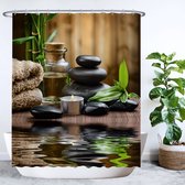 Ulticool Douchegordijn - Zen Spa Meditatie Rust - 180 x 200 cm - met 12 Ringen Wit - semi Transparant - anti Schimmel - Bruin Groen Zwart