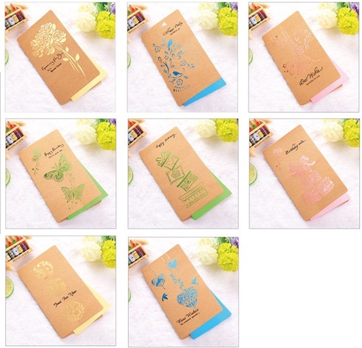 SUNMOOL Wenskaarten - Happy Birthday - Verjaardag - 10x18cm - Gevouwen kaarten met enveloppen - 8 Stuks