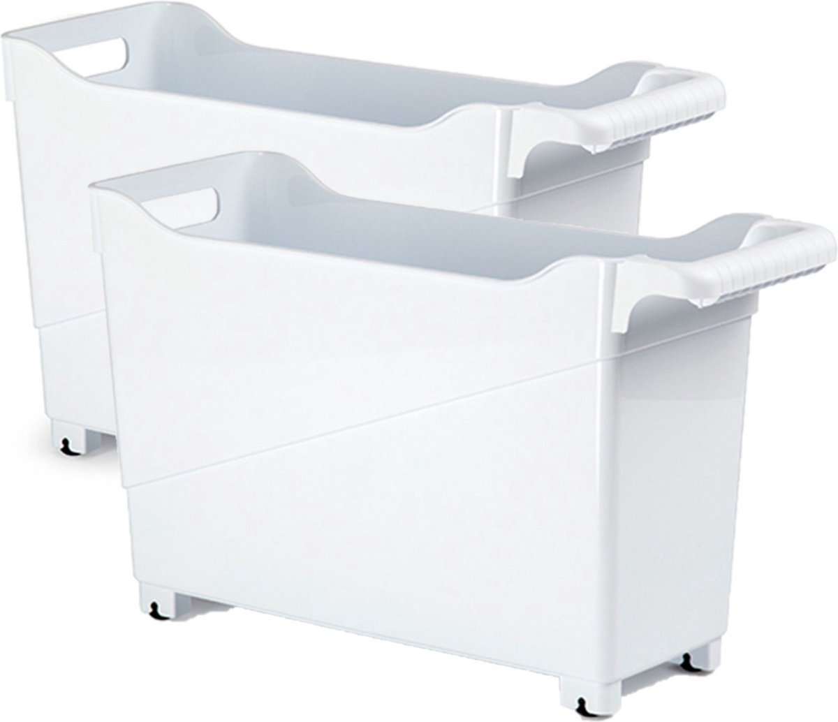 Set van 3x stuks kunststof trolleys wit op wieltjes L45 x B17 x H29 cm - Voorraad/opberg boxen/bakken