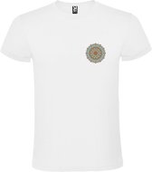 Wit T-shirt met Kleine Mandala in Blauw en Oranje kleuren size S