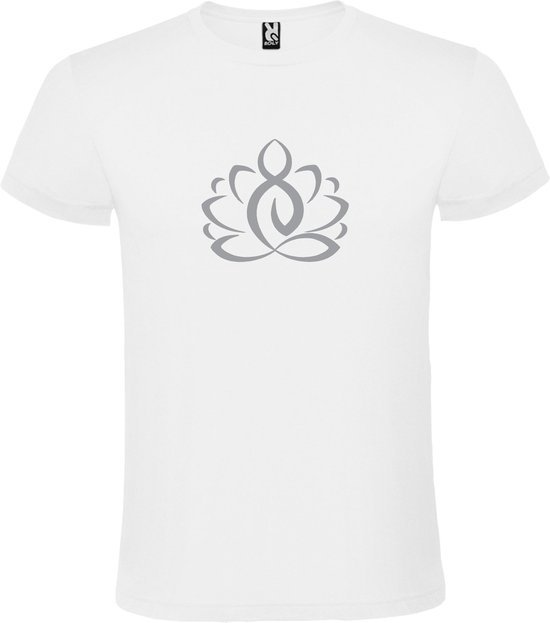 Wit  T shirt met  print van "Lotusbloem met Boeddha " print Zilver size XS