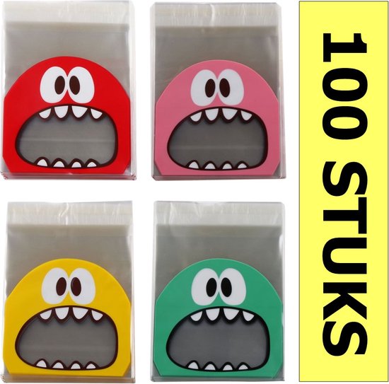 100x Cellofaan Zakjes - 100x Monster Uitdeelzakjes - Cellofaan Plastic Traktatie Kado Zakjes - Snoepzakjes - Kinderfeestje - Monster Print - 10x10cm - 4x25 Stuks - Mix